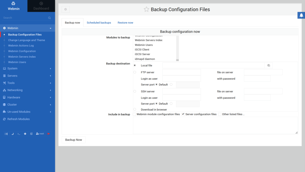 Configuring Webmin backups for configuration files