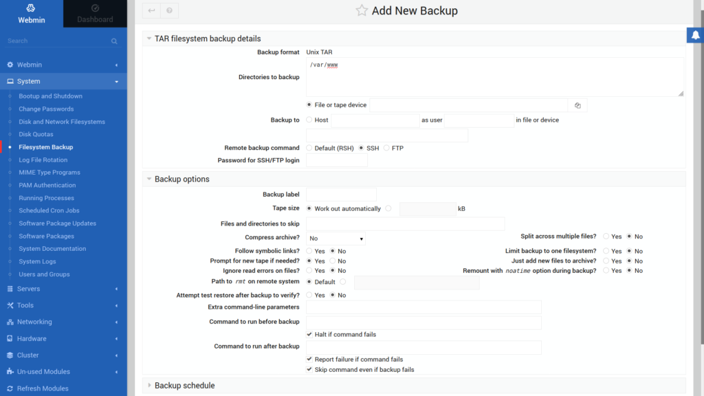 Configuring Webmin backups for the filesystem