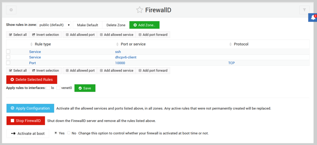 FirewallD Webmin module options