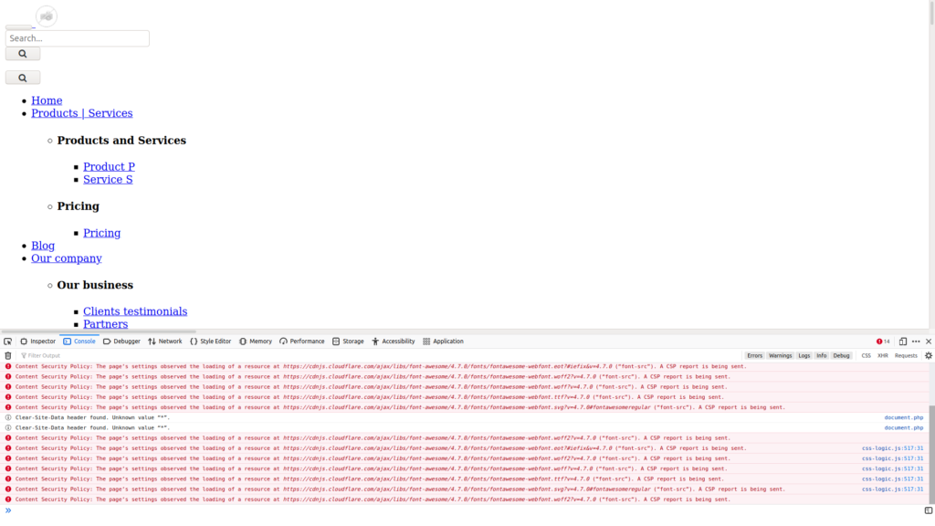 Dolibarr website preview with Content Security Policy errors in browser console