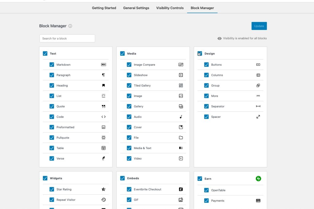 Block Manager Settings tab