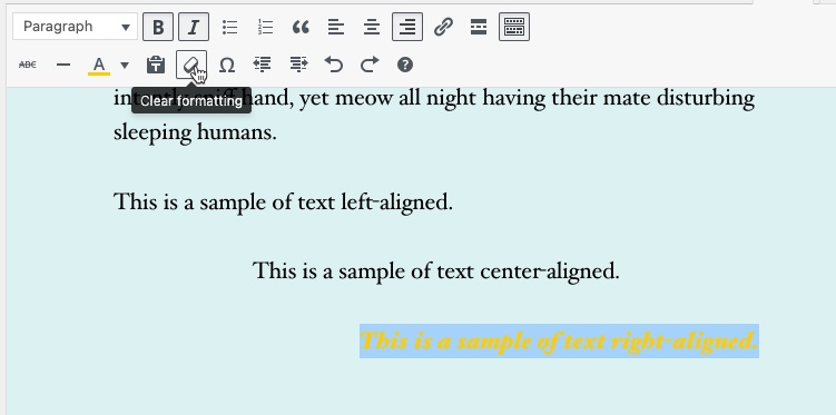 Classic Editor - Example of clear formatting.  Text shown with multiple formatting applied.