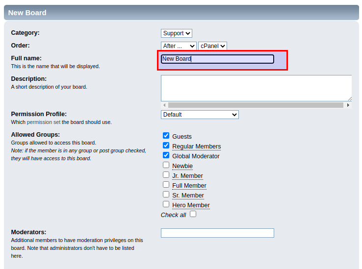 A form full of fields that will populate the new board settings