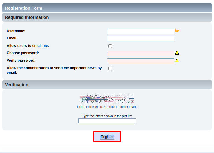 Registration form with required fields