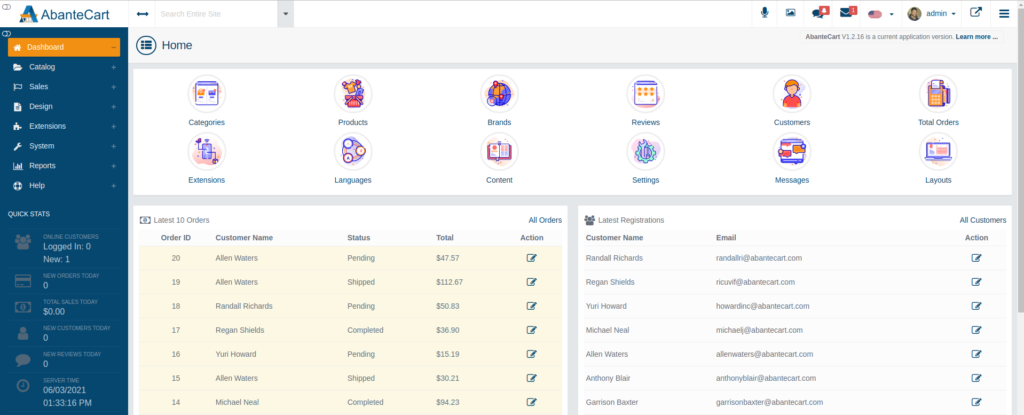 View of AbanteCart Admin Panel