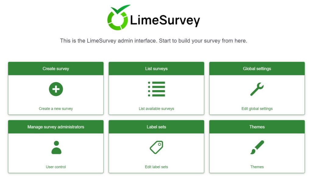 The LimeSurvey Home Page contains shortcuts for the six most commonly used features.