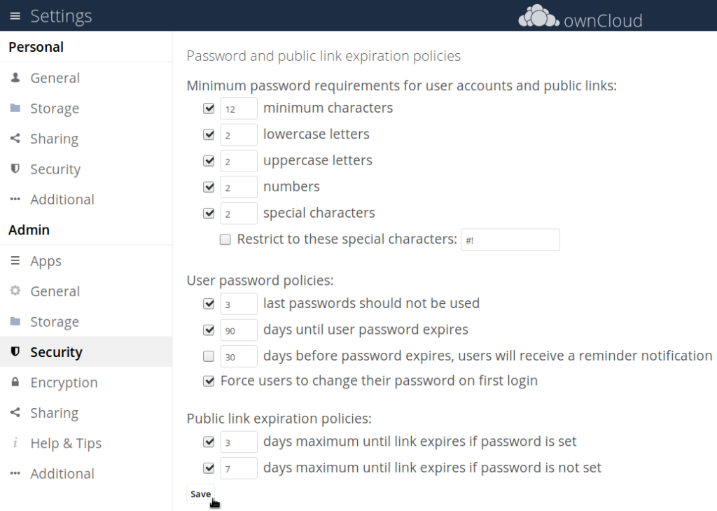 Password Policy settings in ownCloud