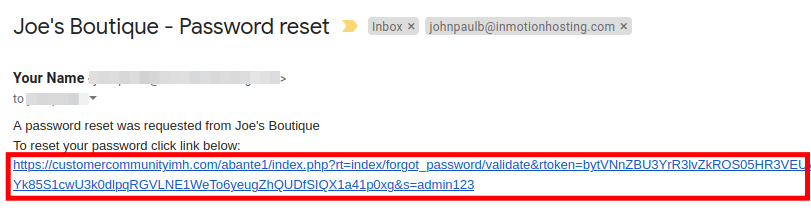 View of AbanteCart Admin Password Reset Email