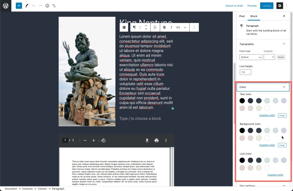 WordPress 5.8 (beta) paragraph block color options