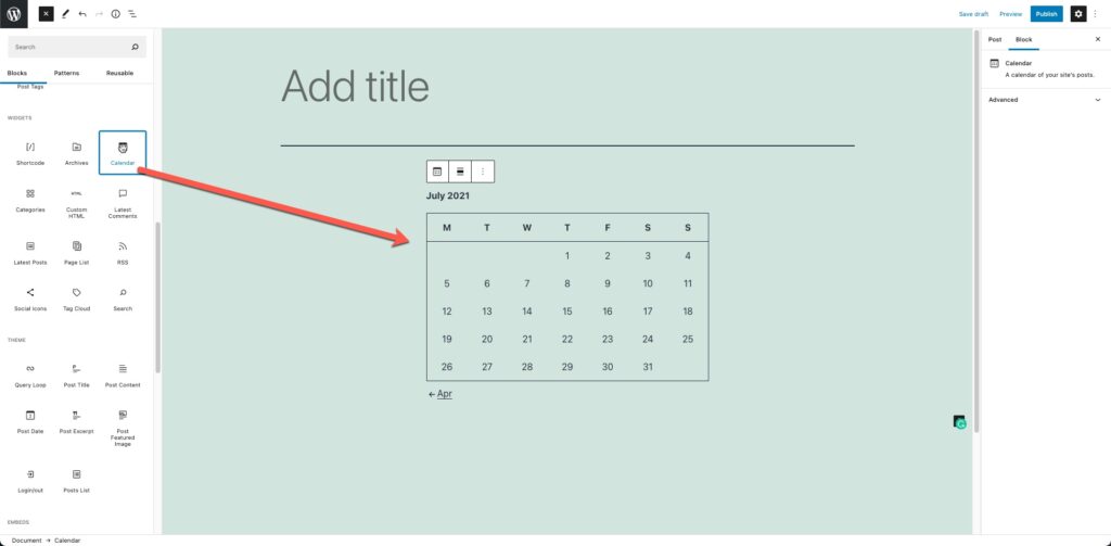 Adding a widget using blocks in the page or post editor.