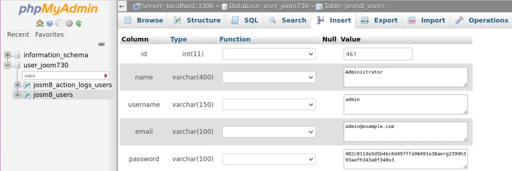 Change Joomla Password in phpMyAdmin