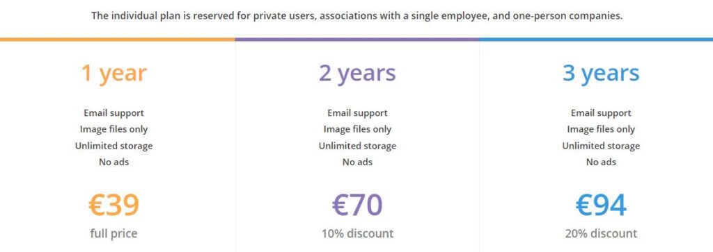 All individual Piwigo plans offer email support, image files only, unlimited storage, and no ads. The only difference between them is the length of the plan and the pricing.