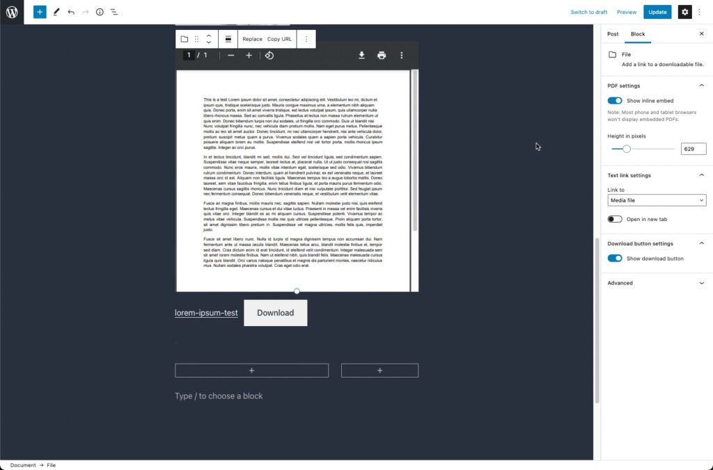 WordPress 5.8 File block - PDF embedded