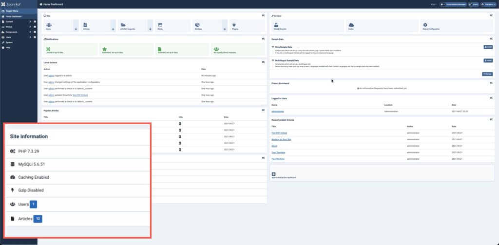 system info - on Admin Dashboard