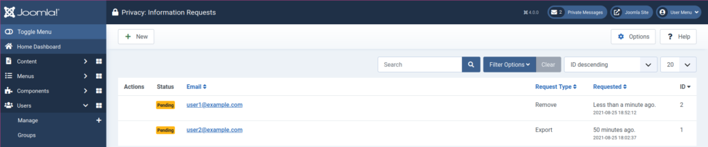 Joomla 4 Privacy Information Requests