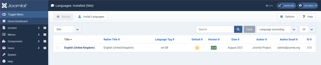 Joomla 4 Languages Installed