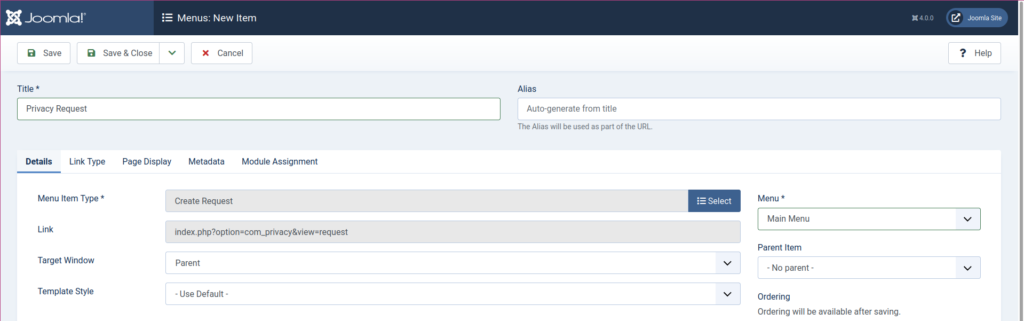 Joomla 4 Privacy Request Menu Item