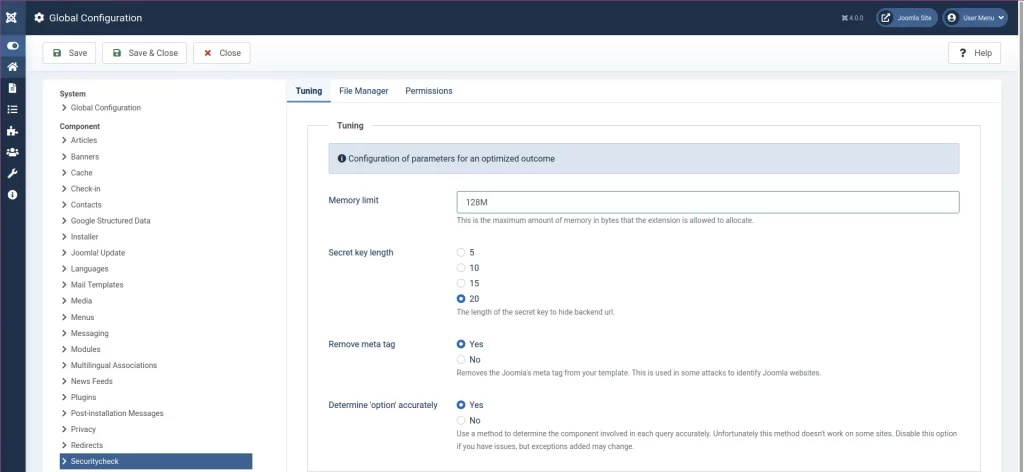 Joomla 4 Securitycheck Global Configuration