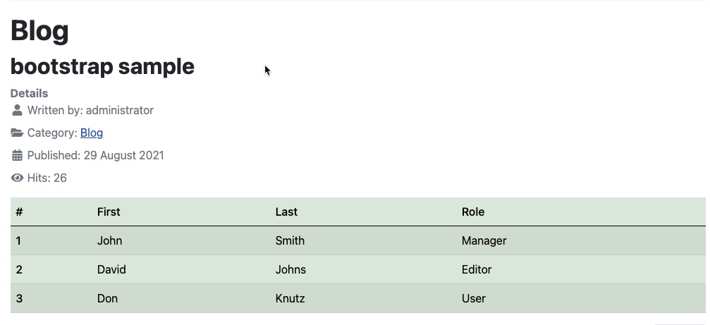 Example of table code with colored stripes