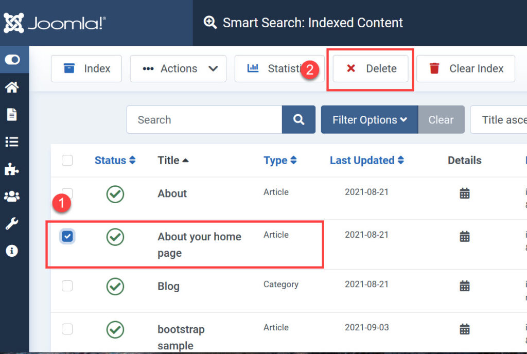 Using the Delete button in the Smart Search index