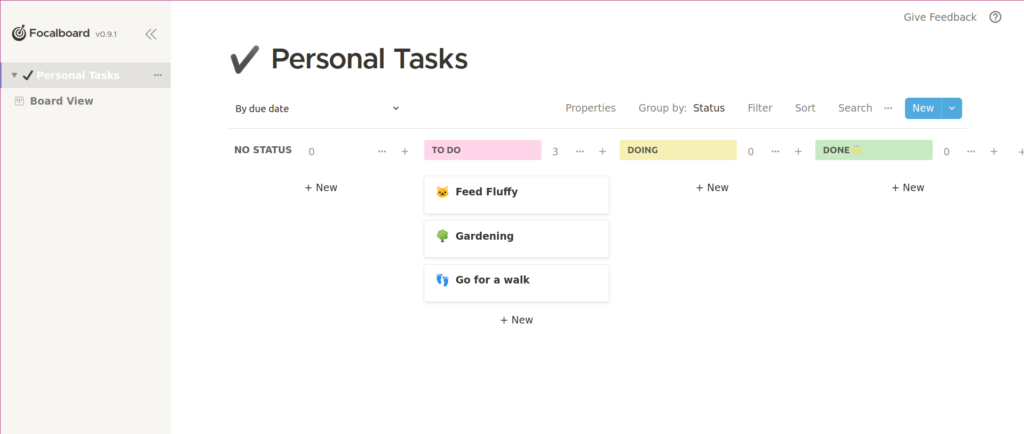 Personal Tasks Focalboard board