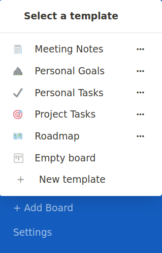 Focalboard "Select a template" menu