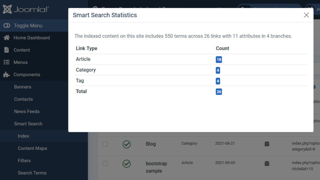 Statistics for smart search index