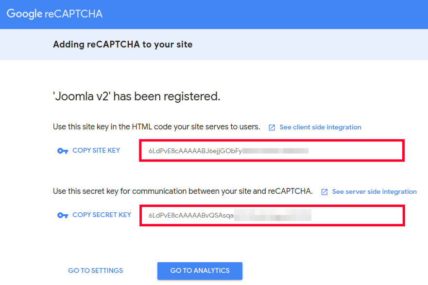 View of CAPTCHA Site Key and Secret Key