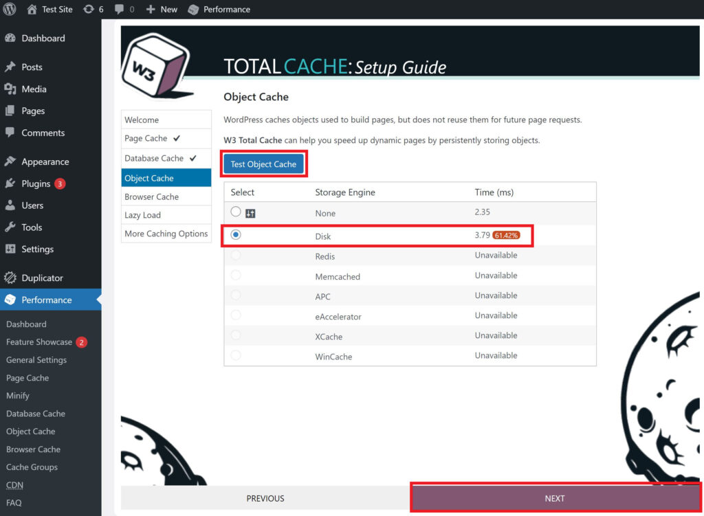 To enable object caching, click Test Object Cache.