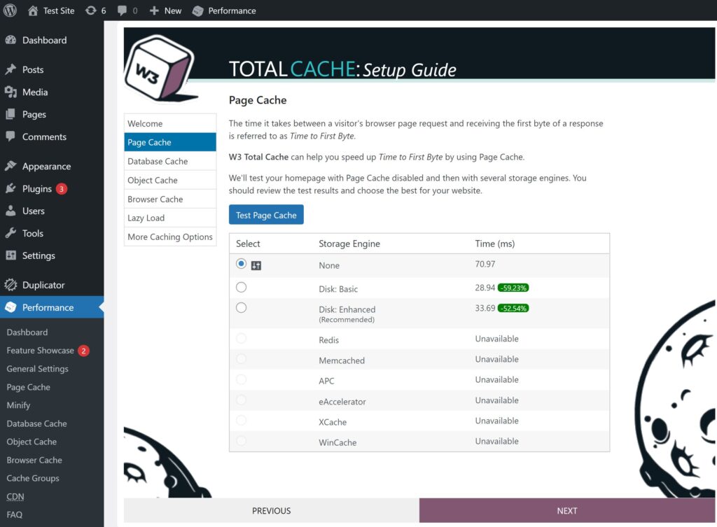 The W3 Total Cache settings gives you your choice of many different storage engines or the default disk options.