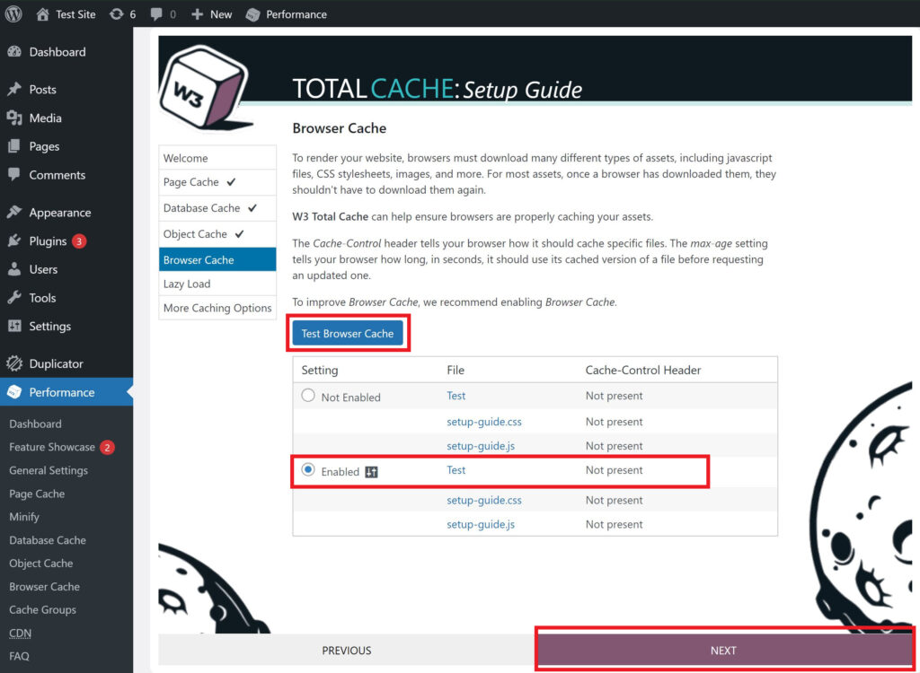 Enabling browser caching should dramatically improve your site speed on repeat visits. To do this, just click Test Browser Cache.