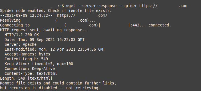 "wget --server-response --spider" command results