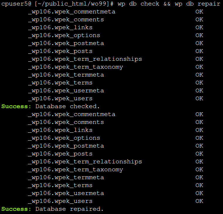 WordPress WP-CLI Database Check and Repair