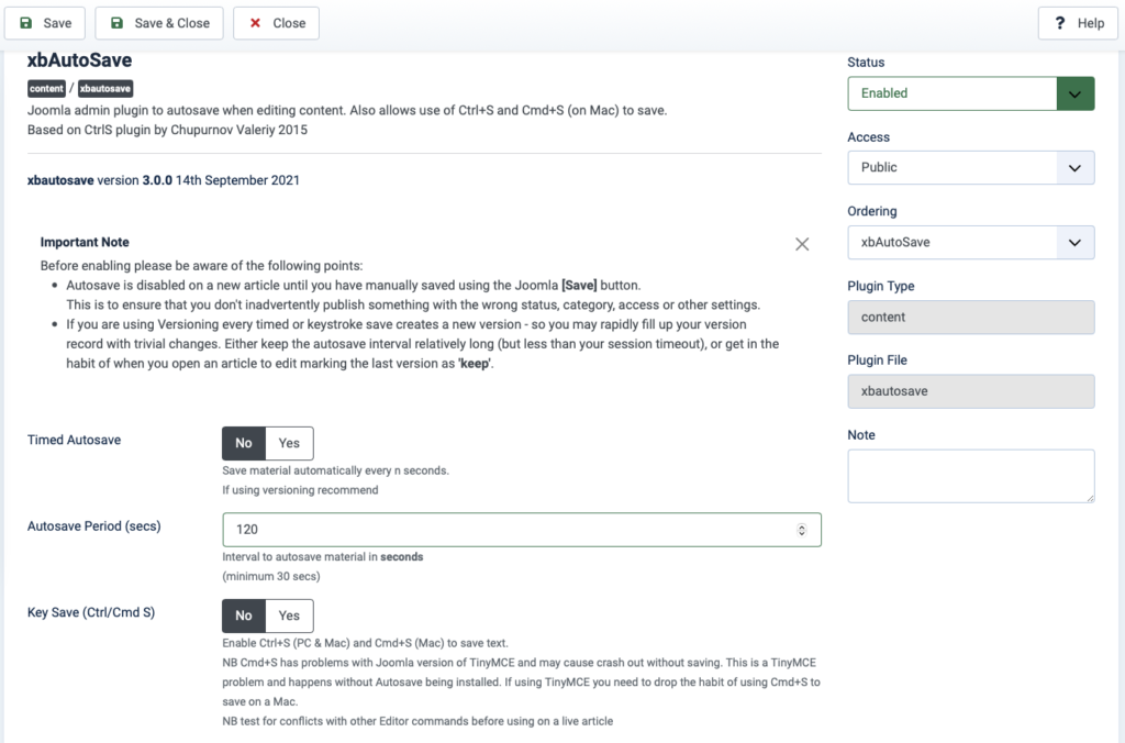 Joomla Autosave extension options