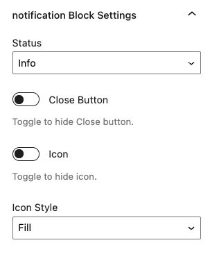 Notification Block settings - Status close button, Icon, and Icon style fill.