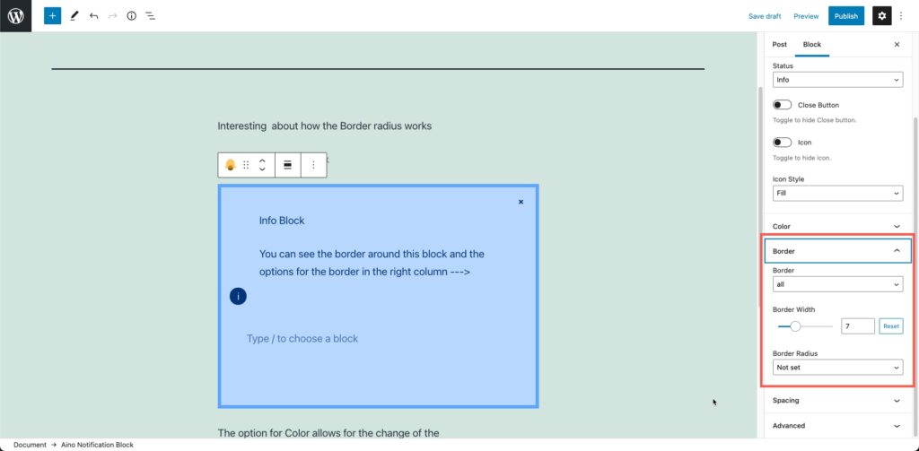 Border options for notification block