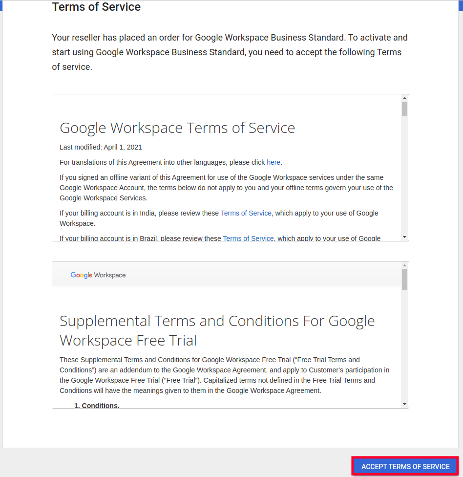 Accept Google Workspace TOS