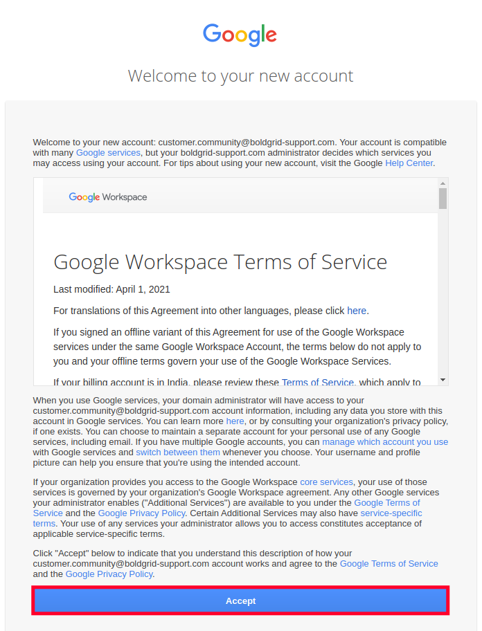 Accept Google Workspace Terms of Service