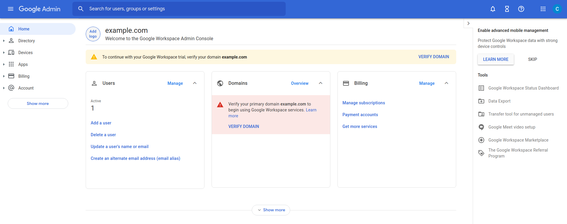 View of Google Workspace Admin Panel
