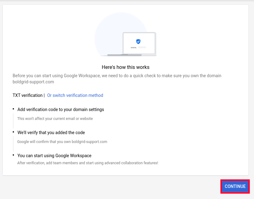 Google Workspace Continue Button