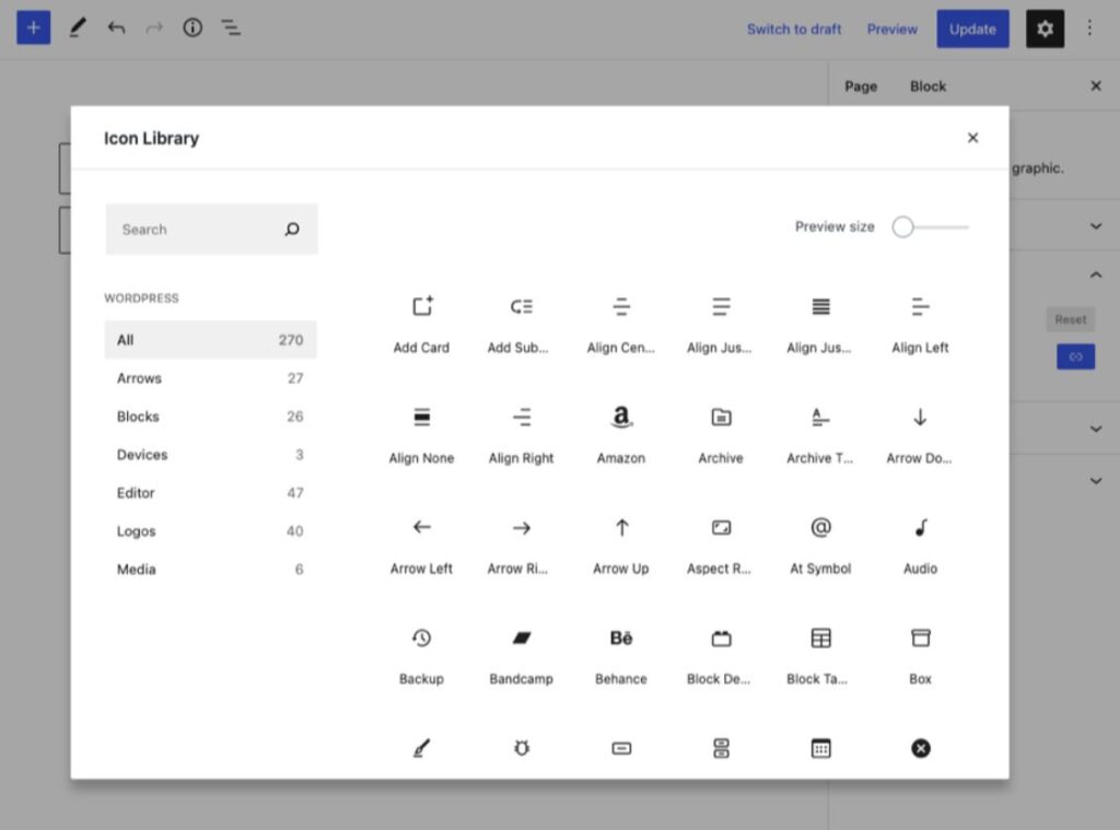 Among the key features included with the Icon Block plugin is a library of more than 270 native WordPress icons. 