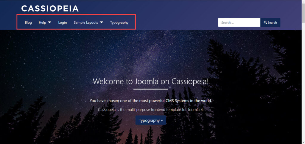 menu shown in the home page of the Cassiopeia theme in Joomla 4.0