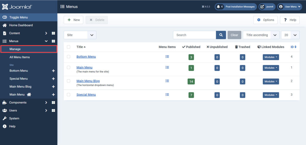 Joomla site Menu items in Manage view