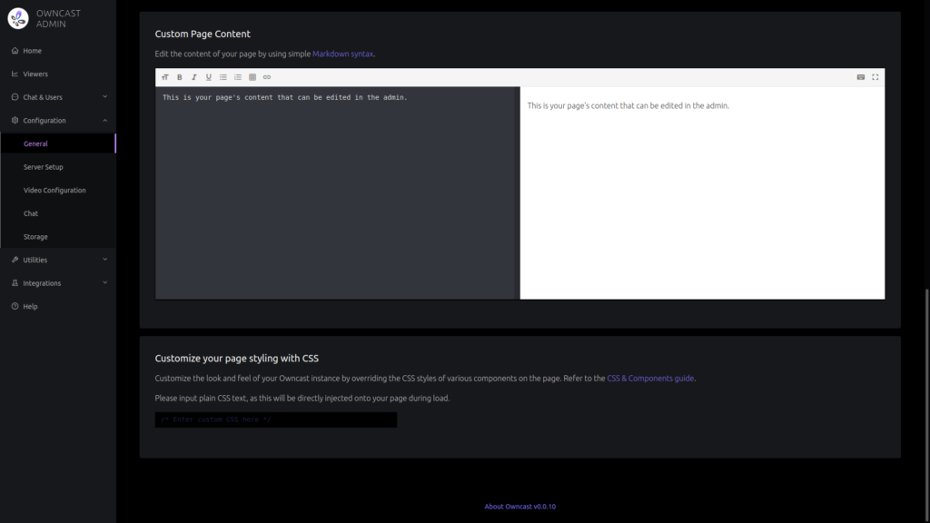 Owncast page content editor