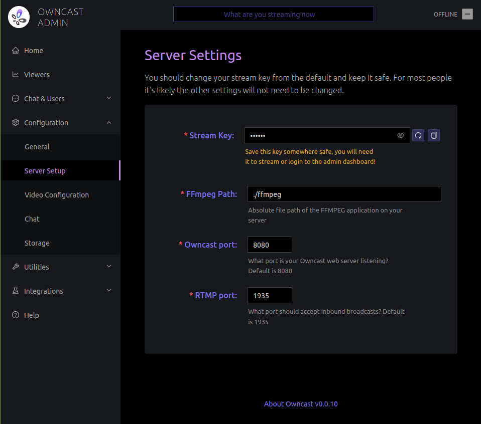 Owncast server streaming settings