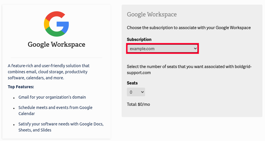 Select Domain to Purchase Google Workspace For
