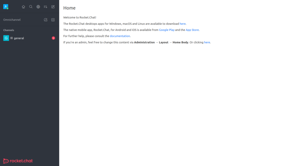 Rocket.Chat first login screenshot