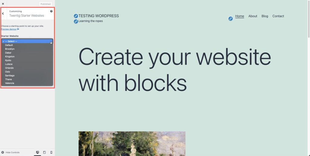 Starter sites in the customizer