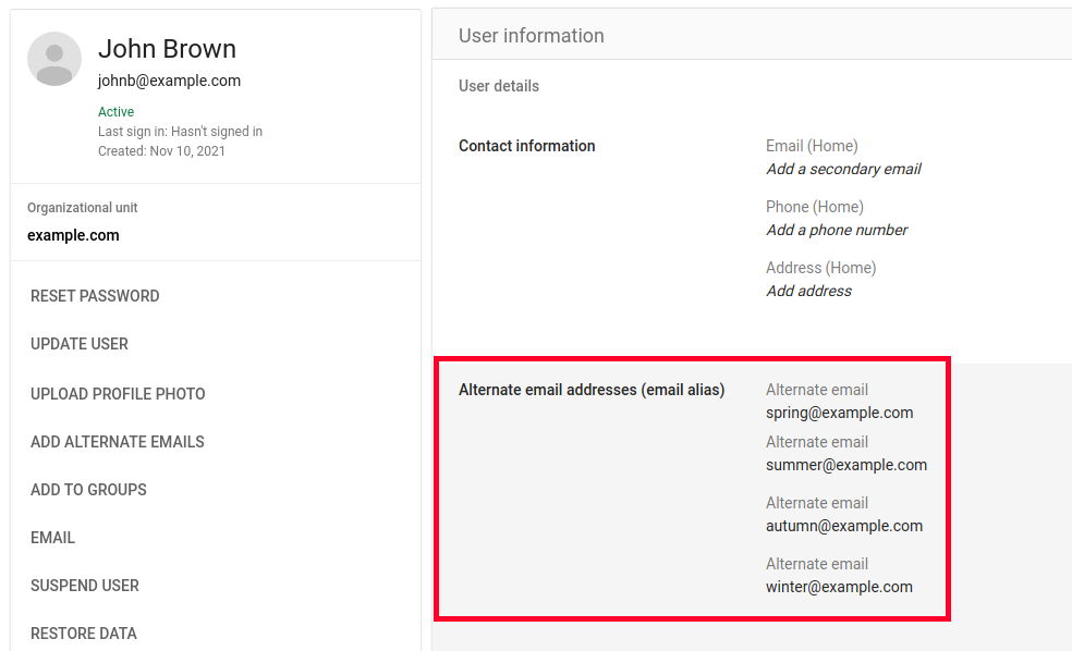 View of Email Alias in Google Workspace
