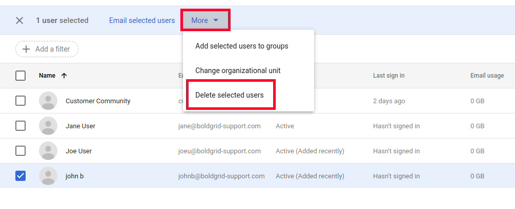 Delete Selected Google Workspace Users